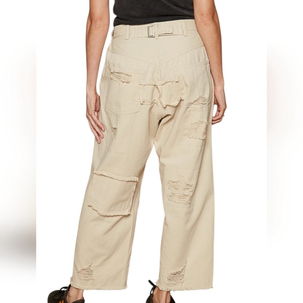 Pol Boyfriend Cropped Distressed Sand Beige Pants, NEW. Large - Picture 2 of 4